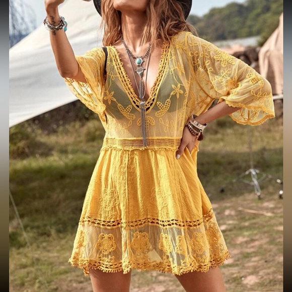 Boho floral embroidered beach cover up - Picture 1 of 5
